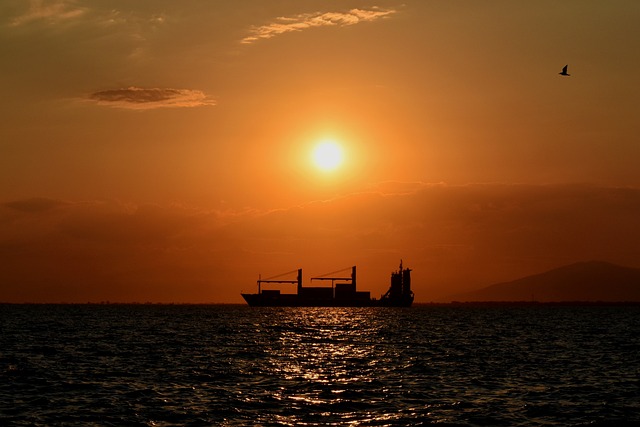 Cargo ship travel with a sunset view.