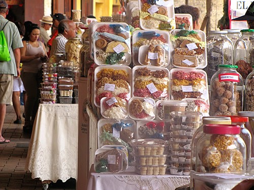 Street stalls selling coconut cookies in Cartagena.
