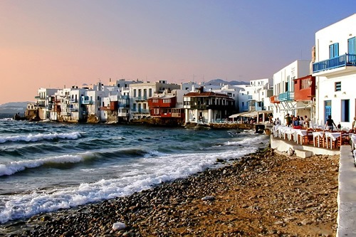 Mykonos town seen along the shore.