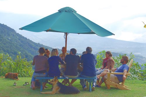 Communal enjoyment of eco-meals at the lodge in Guatemala.