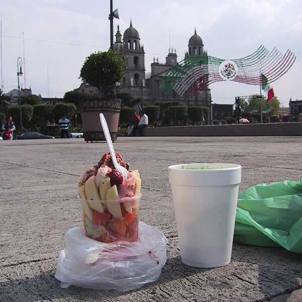 Enjoy a fruit cocktail and fresh juice on a square in Mexico.