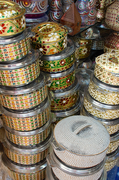 Traditional pots and pans for sale at Bhendi Bazaar