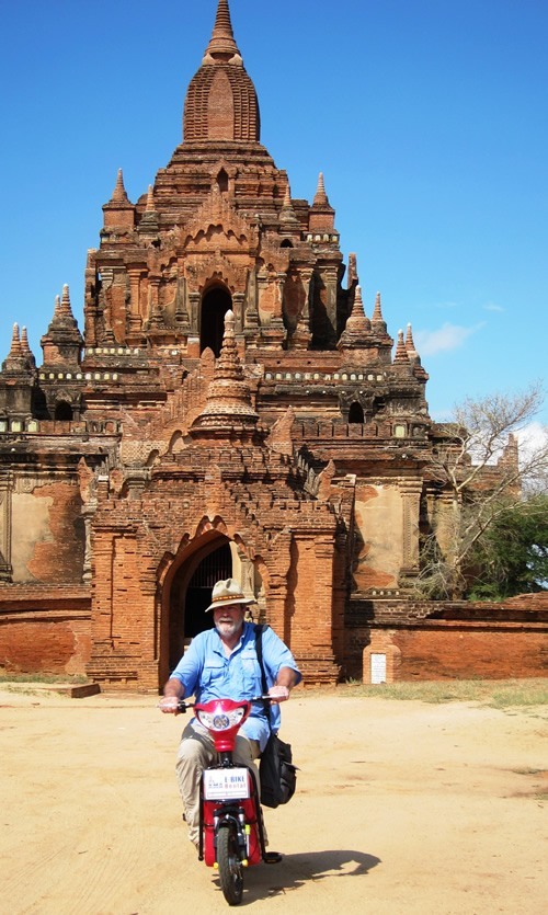 Author riding through Bagan on motorbike.