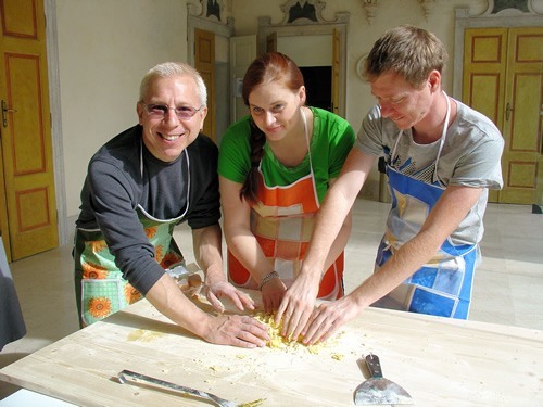 Mixing the raw ingredients for the pasta.