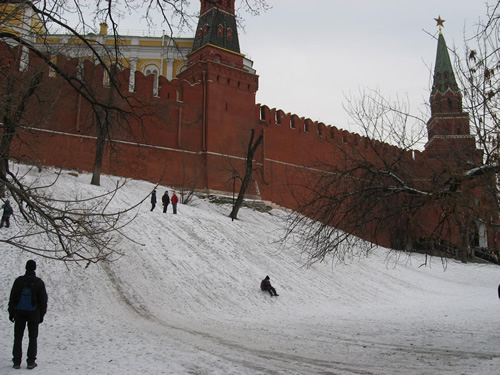 Sledding near the Kremlin walls in Moscow