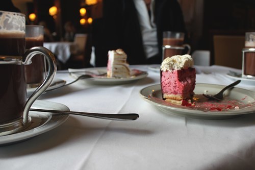 Hot chocolate and cake in St. Moritz, Switzerland.