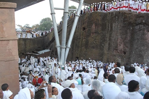 Worshippers encircling church in Lalibela, Ethiopia.