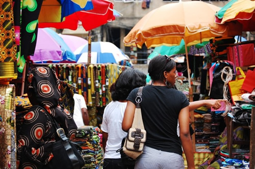 Balogun Market ankara alley in Lagos, Nigeria.