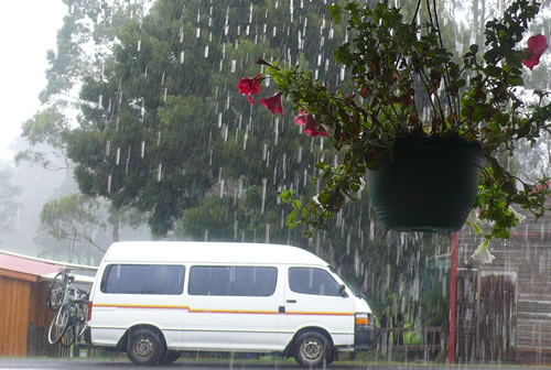 Van for cyclists in the rain in Tasmania.