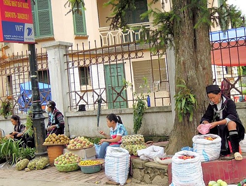 An outdoor market in Sapa, with women selling vegetable and fruits.