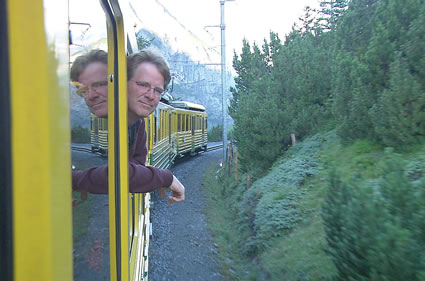 Rick Steves on a train.