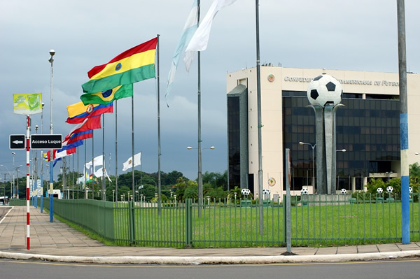 Football standium in Paraguay with flags