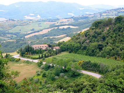 A farmhouse in the green Tuscan hills.