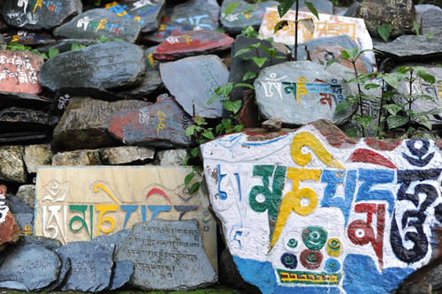 Prayers on Rocks around Dalai Lama's Temple in Dharamsala.