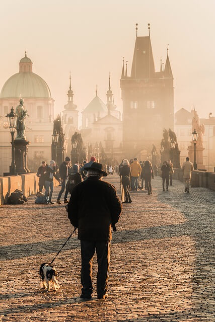 Old man walking his dog across the famous Charles Bridge in Prague. .